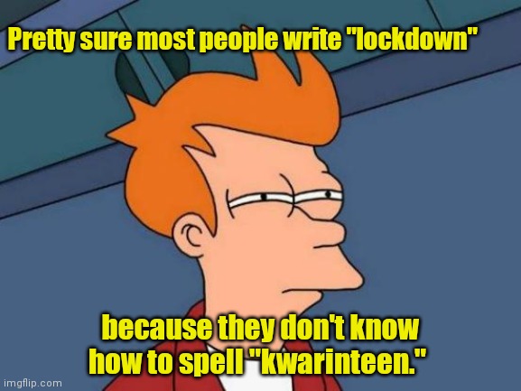 I'm not an English major. | Pretty sure most people write "lockdown"; because they don't know how to spell "kwarinteen." | image tagged in memes,futurama fry,kwarenteen,mildlyamusing | made w/ Imgflip meme maker