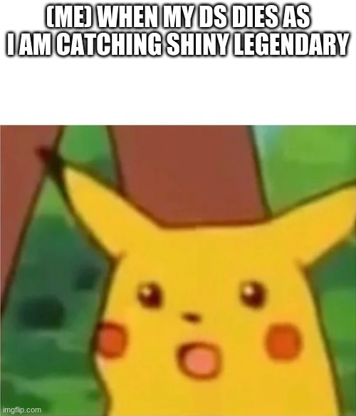 Bruh | (ME) WHEN MY DS DIES AS I AM CATCHING SHINY LEGENDARY | image tagged in surprised pikachu | made w/ Imgflip meme maker