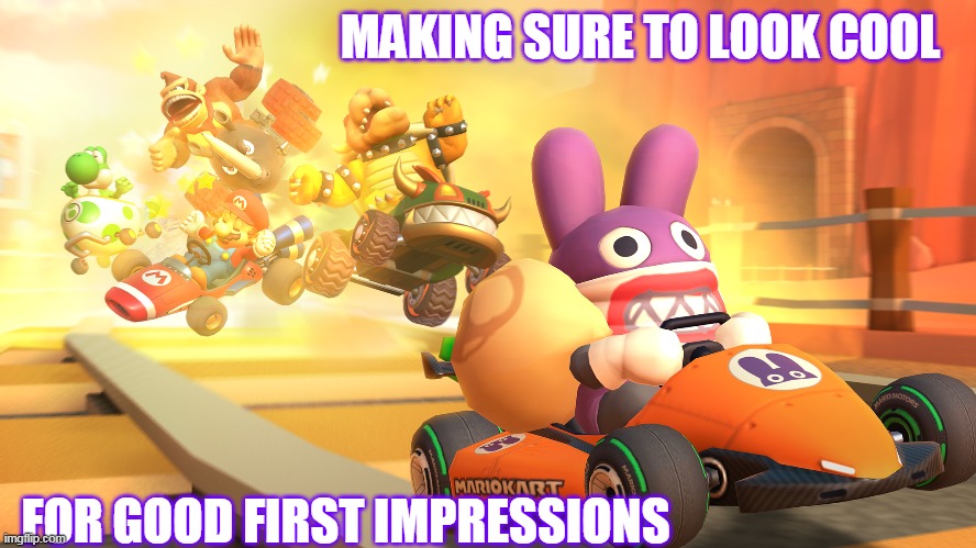 Nabbit's Explosive Reveal | MAKING SURE TO LOOK COOL; FOR GOOD FIRST IMPRESSIONS | image tagged in nabbit,super mario,mario kart,mario kart tour | made w/ Imgflip meme maker