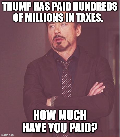 Face You Make Robert Downey Jr Meme | TRUMP HAS PAID HUNDREDS OF MILLIONS IN TAXES. HOW MUCH HAVE YOU PAID? | image tagged in memes,face you make robert downey jr | made w/ Imgflip meme maker