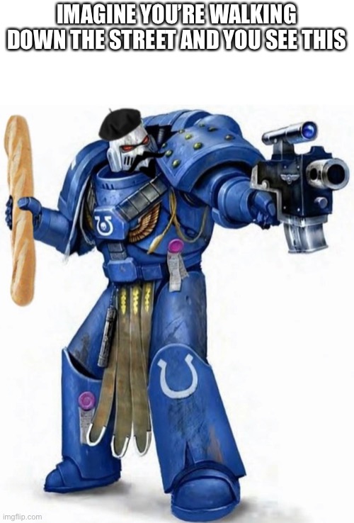 IMAGINE YOU’RE WALKING DOWN THE STREET AND YOU SEE THIS | image tagged in space marine,french,baguette,what if,warhammer 40k | made w/ Imgflip meme maker