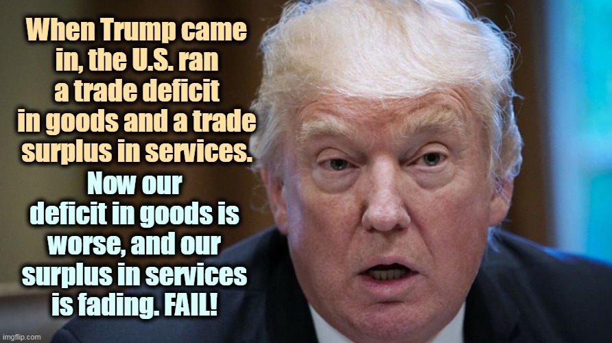 You're paying the tariffs on Chinese imports, not Beijing. It's a surtax. Trump doesn't understand this. He's stupid. | When Trump came in, the U.S. ran a trade deficit in goods and a trade surplus in services. Now our deficit in goods is worse, and our surplus in services is fading. FAIL! | image tagged in trump confused most days,trump,trade,economy,stupid,incompetence | made w/ Imgflip meme maker