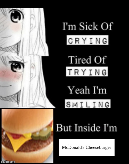 c h e e s b u r g r | McDonald's Cheeseburger | image tagged in im sick of crying bla,mcdonalds,cheeseburger,burger | made w/ Imgflip meme maker