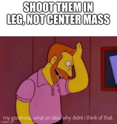 my goodness what an idea why didn't I think of that | SHOOT THEM IN LEG, NOT CENTER MASS | image tagged in my goodness what an idea why didn't i think of that | made w/ Imgflip meme maker