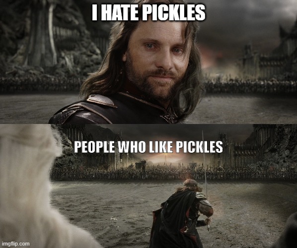 I Hate Pickles | I HATE PICKLES; PEOPLE WHO LIKE PICKLES | image tagged in aragorn black gate for frodo,pickles,hate,lord of the rings | made w/ Imgflip meme maker