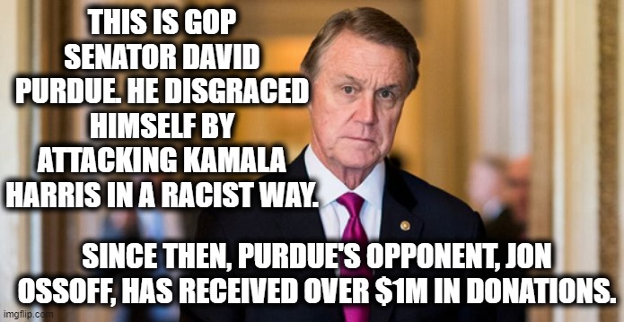 How'z that racism thing working out for ya? | THIS IS GOP SENATOR DAVID PURDUE. HE DISGRACED HIMSELF BY ATTACKING KAMALA HARRIS IN A RACIST WAY. SINCE THEN, PURDUE'S OPPONENT, JON OSSOFF, HAS RECEIVED OVER $1M IN DONATIONS. | image tagged in gop,senators,republicans,election 2020,kamala harris,racist | made w/ Imgflip meme maker