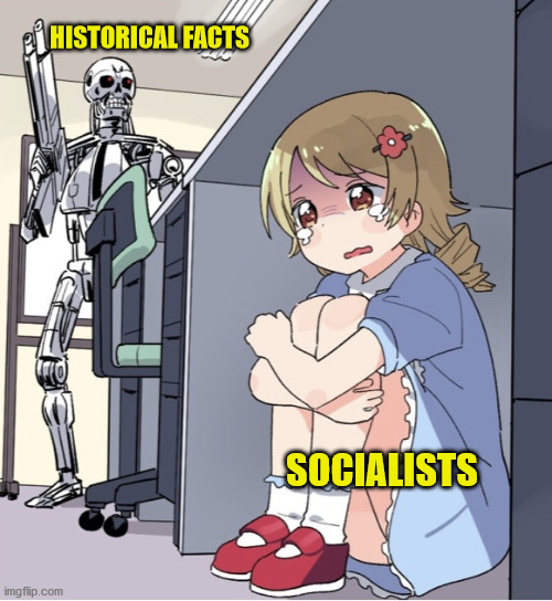 "You can evade reality, but you cannot evade the consequences of evading reality!" - Ayn Rand | HISTORICAL FACTS; SOCIALISTS | image tagged in anime girl hiding from terminator,politics,socialism | made w/ Imgflip meme maker