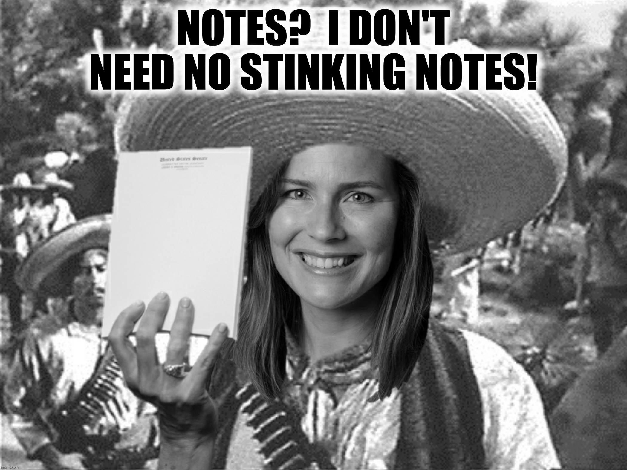 Bad Photoshop Sunday presents:  The face you make when you are entirely undermatched | NOTES?  I DON'T NEED NO STINKING NOTES! | image tagged in bad photoshop sunday,amy coney barrett,treasure of the sierra madre,we don't need no stinking badges | made w/ Imgflip meme maker