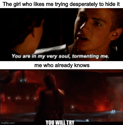 The girl who likes me trying desperately to hide it; me who already knows | image tagged in star wars,anakin skywalker,padme,attack of the clones,girls be like,revenge of the sith | made w/ Imgflip meme maker