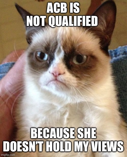 Overqualified | ACB IS NOT QUALIFIED; BECAUSE SHE DOESN’T HOLD MY VIEWS | image tagged in memes,grumpy cat | made w/ Imgflip meme maker