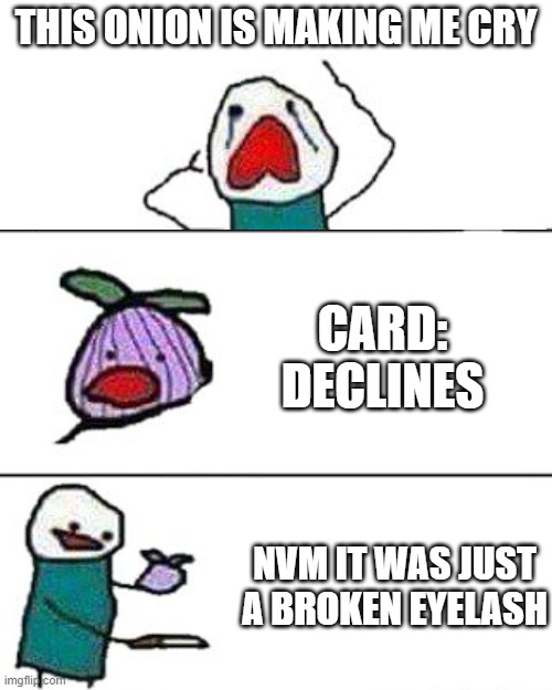 MEME | THIS ONION IS MAKING ME CRY; CARD: DECLINES; NVM IT WAS JUST A BROKEN EYELASH | image tagged in this onion won't make me cry | made w/ Imgflip meme maker