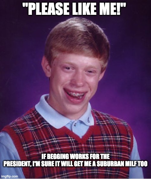 Bad Luck Brian | "PLEASE LIKE ME!"; IF BEGGING WORKS FOR THE PRESIDENT, I'M SURE IT WILL GET ME A SUBURBAN MILF TOO | image tagged in memes,bad luck brian,donald trump you're fired | made w/ Imgflip meme maker