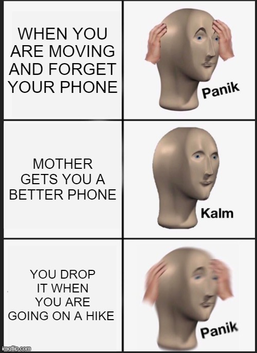 my phone!!!!!!!!!!!!!!!!!!!! | WHEN YOU ARE MOVING AND FORGET YOUR PHONE; MOTHER GETS YOU A BETTER PHONE; YOU DROP IT WHEN YOU ARE GOING ON A HIKE | image tagged in memes,panik kalm panik | made w/ Imgflip meme maker