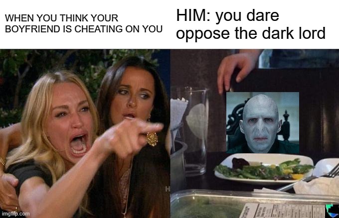 the dark lord | WHEN YOU THINK YOUR BOYFRIEND IS CHEATING ON YOU; HIM: you dare oppose the dark lord | image tagged in memes,woman yelling at cat | made w/ Imgflip meme maker