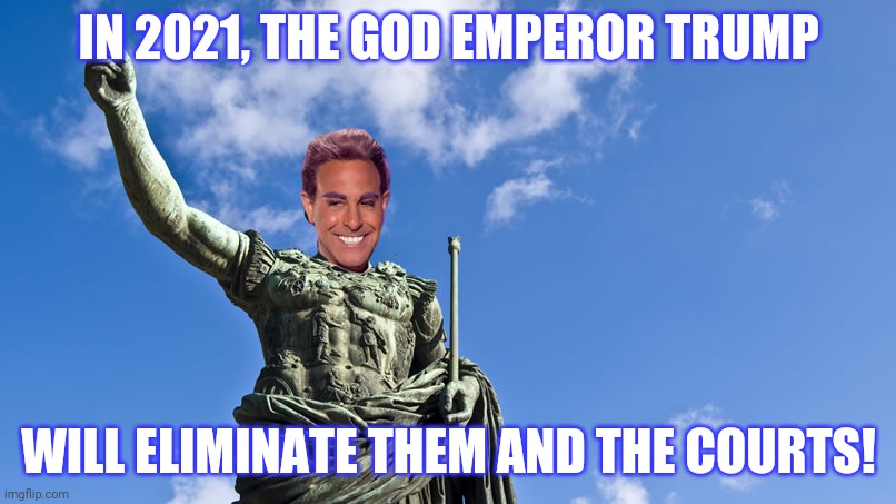 Hunger Games - Caesar Flickerman (S Tucci) Statue of Caesar | IN 2021, THE GOD EMPEROR TRUMP WILL ELIMINATE THEM AND THE COURTS! | image tagged in hunger games - caesar flickerman s tucci statue of caesar | made w/ Imgflip meme maker