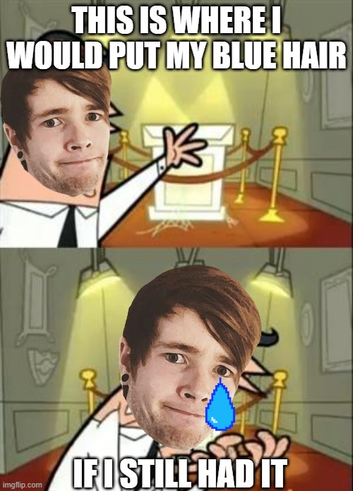 R.I.P. Dan's blue hair | THIS IS WHERE I WOULD PUT MY BLUE HAIR; IF I STILL HAD IT | image tagged in memes,this is where i'd put my trophy if i had one | made w/ Imgflip meme maker