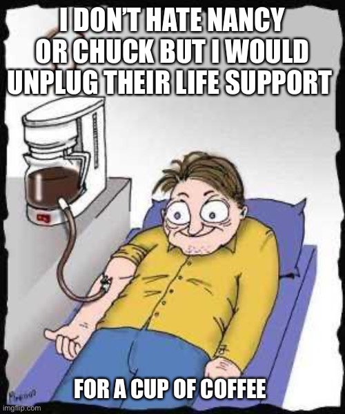 Coffee addict | I DON’T HATE NANCY OR CHUCK BUT I WOULD UNPLUG THEIR LIFE SUPPORT; FOR A CUP OF COFFEE | image tagged in coffee addict | made w/ Imgflip meme maker