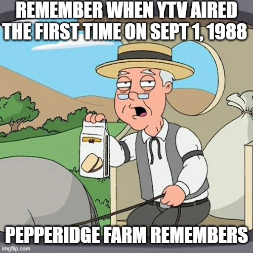 i was unfortinaly born 20 years after that :c (comment if you remember the first night) | REMEMBER WHEN YTV AIRED THE FIRST TIME ON SEPT 1, 1988; PEPPERIDGE FARM REMEMBERS | image tagged in memes,pepperidge farm remembers,ytv | made w/ Imgflip meme maker