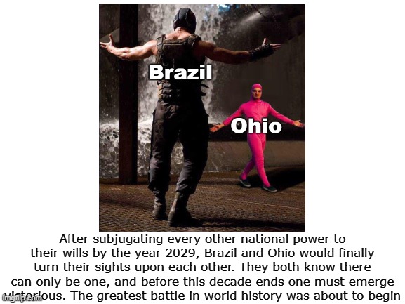 After subjugating every other national power to their wills by the year 2029, Brazil and Ohio would finally turn their sights upon each other. They both know there can only be one, and before this decade ends one must emerge victorious. The greatest battle in world history was about to begin | image tagged in brazil,ohio,you're going to brazil,wait its all | made w/ Imgflip meme maker