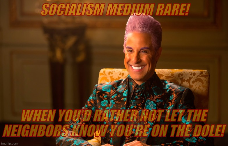 Caesar Flickerman (Stanley Tucci) | SOCIALISM MEDIUM RARE! WHEN YOU'D RATHER NOT LET THE NEIGHBORS KNOW YOU'RE ON THE DOLE! | image tagged in caesar flickerman stanley tucci | made w/ Imgflip meme maker