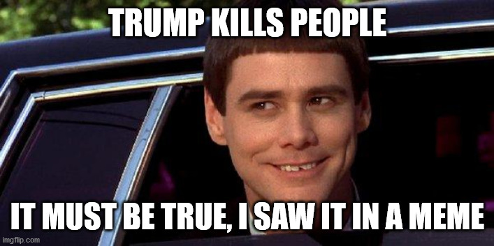 dumb and dumber | TRUMP KILLS PEOPLE IT MUST BE TRUE, I SAW IT IN A MEME | image tagged in dumb and dumber | made w/ Imgflip meme maker