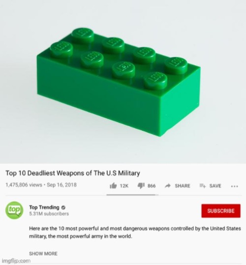 image tagged in green lego brick,10 deadliest weapons of the us military | made w/ Imgflip meme maker