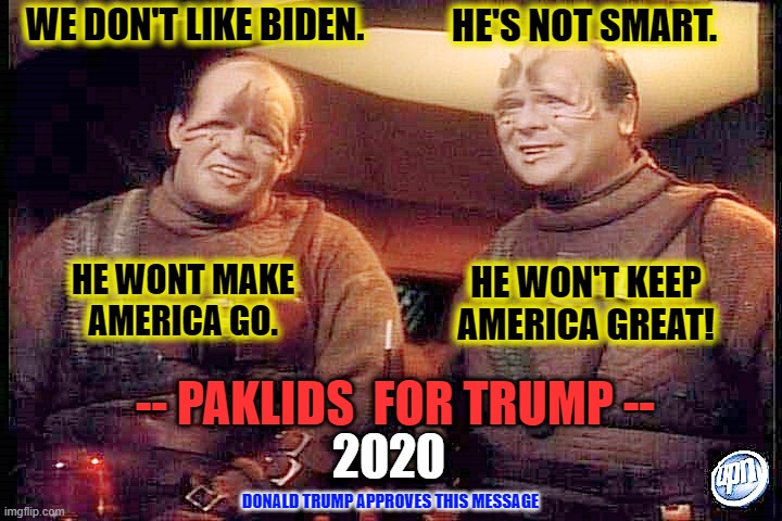 Paklids endorse the re-election of Donald Trump 17 days before Election Day. CNN reports: This could ensure his re-election. | WE DON'T LIKE BIDEN. HE'S NOT SMART. HE WONT MAKE AMERICA GO. HE WON'T KEEP AMERICA GREAT! -- PAKLIDS  FOR TRUMP --; 2020; DONALD TRUMP APPROVES THIS MESSAGE | image tagged in paklids 101,election 2020,donald trump approves,liberals vs conservatives,biden,make america great again | made w/ Imgflip meme maker
