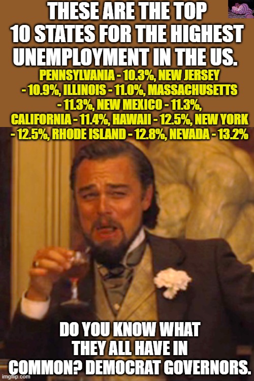 Coincidence or causality? | THESE ARE THE TOP 10 STATES FOR THE HIGHEST UNEMPLOYMENT IN THE US. PENNSYLVANIA - 10.3%, NEW JERSEY - 10.9%, ILLINOIS - 11.0%, MASSACHUSETTS - 11.3%, NEW MEXICO - 11.3%, CALIFORNIA - 11.4%, HAWAII - 12.5%, NEW YORK - 12.5%, RHODE ISLAND - 12.8%, NEVADA - 13.2%; DO YOU KNOW WHAT THEY ALL HAVE IN COMMON? DEMOCRAT GOVERNORS. | image tagged in memes,laughing leo | made w/ Imgflip meme maker