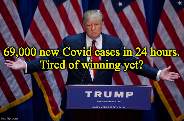 Donald Trump | 69,000 new Covid cases in 24 hours.
Tired of winning yet? | image tagged in donald trump | made w/ Imgflip meme maker