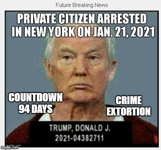 94 Days Until January 21, 2021 | CRIME
EXTORTION; COUNTDOWN
94 DAYS | image tagged in countdown,criminal,corrupt,russian mafia,conman,traitor | made w/ Imgflip meme maker