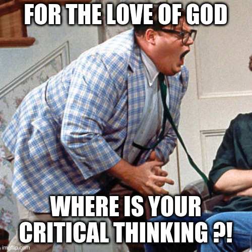 for the love of got where your critical thinking!? | FOR THE LOVE OF GOD; WHERE IS YOUR CRITICAL THINKING ?! | image tagged in chris farley for the love of god | made w/ Imgflip meme maker
