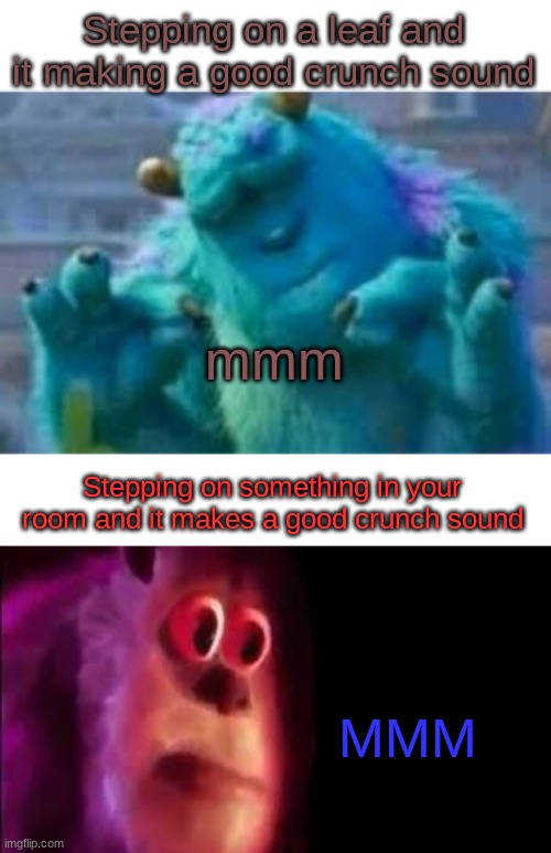Stepping on a leaf and it making a good crunch sound; mmm; Stepping on something in your room and it makes a good crunch sound; MMM | image tagged in memes,funny,sully,leaf,crunch,step | made w/ Imgflip meme maker