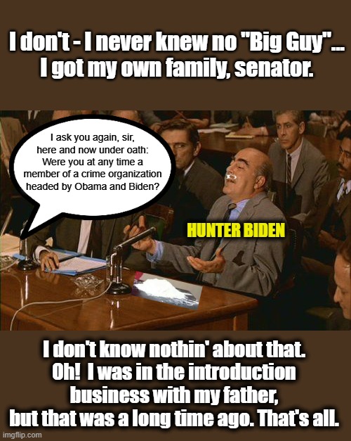 Godfather court | I don't - I never knew no "Big Guy"...
I got my own family, senator. I ask you again, sir,
here and now under oath:
Were you at any time a member of a crime organization headed by Obama and Biden? HUNTER BIDEN; I don't know nothin' about that.
Oh!  I was in the introduction business with my father,
but that was a long time ago. That's all. | image tagged in hunter biden,creepy joe biden,nancy pelosi is crazy,criminals,hillary for prison,msm lies | made w/ Imgflip meme maker