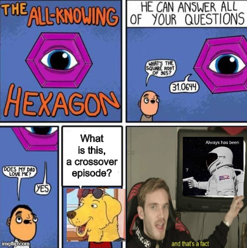 All knowing hexagon (ORIGINAL) | What is this, a crossover episode? | image tagged in all knowing hexagon original | made w/ Imgflip meme maker
