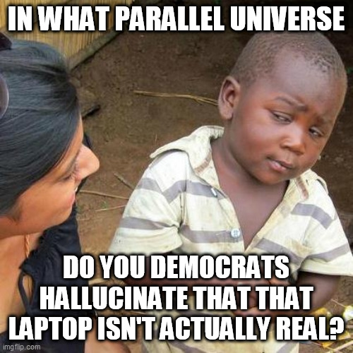 Third World Skeptical Kid Meme | IN WHAT PARALLEL UNIVERSE DO YOU DEMOCRATS HALLUCINATE THAT THAT LAPTOP ISN'T ACTUALLY REAL? | image tagged in memes,third world skeptical kid | made w/ Imgflip meme maker