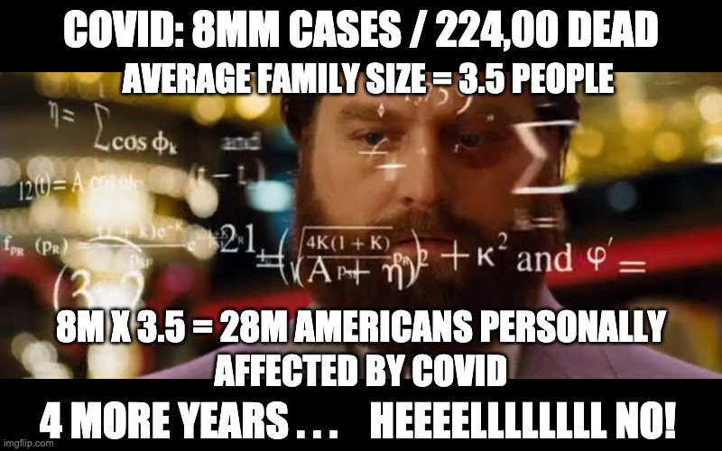 Let's do the math . . . | COVID: 8MM CASES / 224,00 DEAD; AVERAGE FAMILY SIZE = 3.5 PEOPLE; 8M X 3.5 = 28M AMERICANS PERSONALLY; AFFECTED BY COVID; 4 MORE YEARS . . .    HEEEELLLLLLLL NO! | image tagged in hangover math,covid,trump,death,election | made w/ Imgflip meme maker