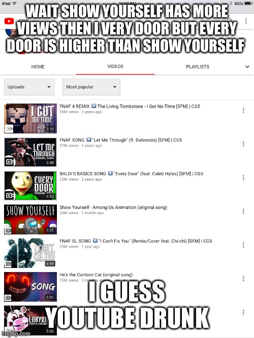 YouTube Drunk | WAIT SHOW YOURSELF HAS MORE VIEWS THEN I VERY DOOR BUT EVERY DOOR IS HIGHER THAN SHOW YOURSELF; I GUESS YOUTUBE DRUNK | image tagged in youtube drunk | made w/ Imgflip meme maker