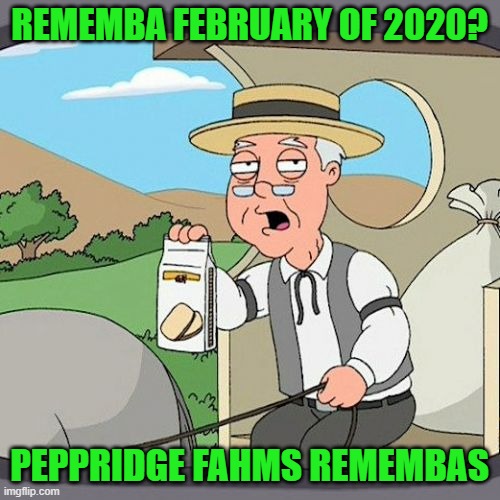 Pepperidge Farm Remembers Meme | REMEMBA FEBRUARY OF 2020? PEPPRIDGE FAHMS REMEMBAS | image tagged in memes,pepperidge farm remembers | made w/ Imgflip meme maker