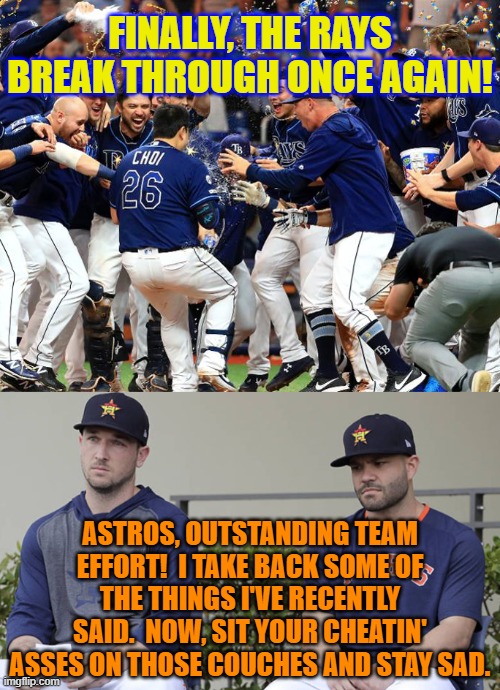 Reenge Is Best Served With a V | FINALLY, THE RAYS BREAK THROUGH ONCE AGAIN! ASTROS, OUTSTANDING TEAM EFFORT!  I TAKE BACK SOME OF THE THINGS I'VE RECENTLY SAID.  NOW, SIT YOUR CHEATIN' ASSES ON THOSE COUCHES AND STAY SAD. | image tagged in mlb baseball | made w/ Imgflip meme maker