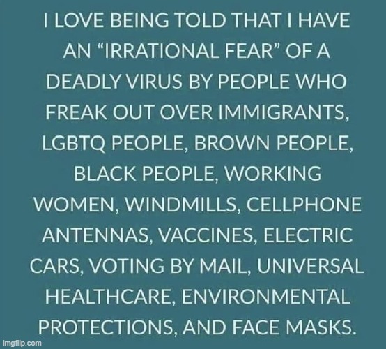 wel yah bc a dedly virus can kill u wut r u afraid of dying or sumthin maga | image tagged in irrational fear,maga,repost,reposts,conservative logic,covid-19 | made w/ Imgflip meme maker