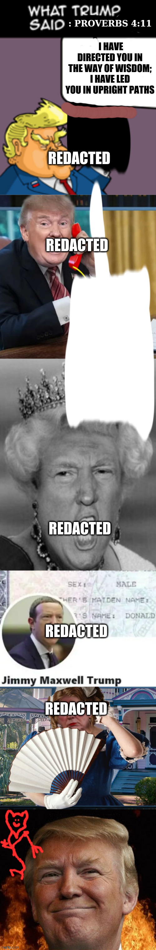 I HAVE DIRECTED YOU IN THE WAY OF WISDOM;
I HAVE LED YOU IN UPRIGHT PATHS; : PROVERBS 4:11; REDACTED; REDACTED; REDACTED; REDACTED; REDACTED | image tagged in 911trump | made w/ Imgflip meme maker