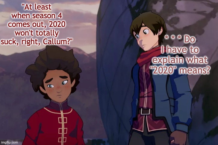 Bad news first | "At least when season 4 comes out, 2020 won't totally suck, right, Callum?"; * * * Do I have to explain what "2020" means? | image tagged in dragon prince,brothers | made w/ Imgflip meme maker