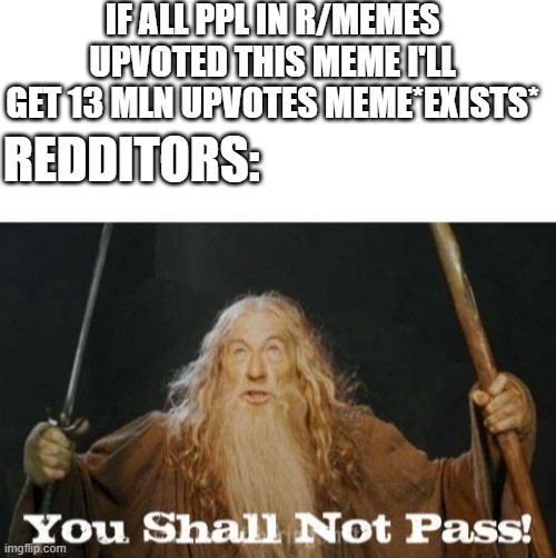 IF ALL PPL IN R/MEMES UPVOTED THIS MEME I'LL GET 13 MLN UPVOTES MEME*EXISTS*; REDDITORS: | image tagged in gandalf you shall not pass,blank white template,memes | made w/ Imgflip meme maker