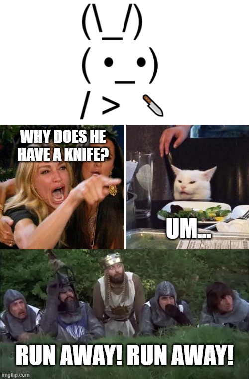 Run away! | WHY DOES HE HAVE A KNIFE? UM... RUN AWAY! RUN AWAY! | image tagged in smudge the cat,monty python,monty python and the holy grail,memes,funny memes | made w/ Imgflip meme maker