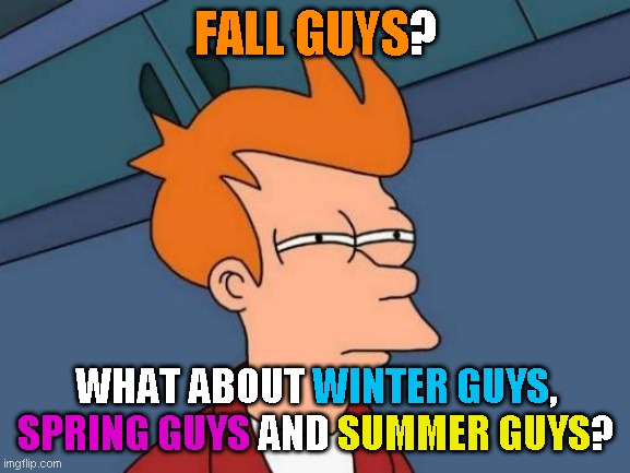 The 4 seasons of Fall Guys |  FALL GUYS; FALL GUYS? WINTER GUYS; WHAT ABOUT WINTER GUYS, SPRING GUYS AND SUMMER GUYS? SPRING GUYS; SUMMER GUYS | image tagged in memes,futurama fry,fall guys,seasons | made w/ Imgflip meme maker