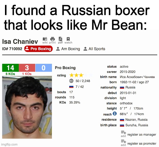 I didn't know Mr Bean was a boxer | I found a Russian boxer that looks like Mr Bean: | image tagged in funny,memes,boxing,mr bean,lookalike | made w/ Imgflip meme maker