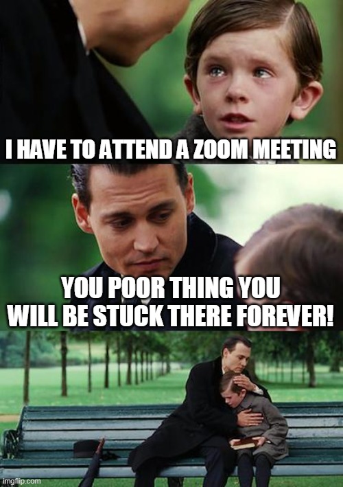 Not another zoom meeting | I HAVE TO ATTEND A ZOOM MEETING; YOU POOR THING YOU WILL BE STUCK THERE FOREVER! | image tagged in memes,finding neverland,tears,zoom | made w/ Imgflip meme maker