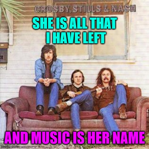 southern cross  crosby stills & nash | SHE IS ALL THAT  I HAVE LEFT; AND MUSIC IS HER NAME | image tagged in music,80s music,song lyrics | made w/ Imgflip meme maker