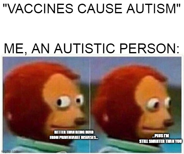 Monkey Puppet Meme | "VACCINES CAUSE AUTISM" ME, AN AUTISTIC PERSON: BETTER THAN BEING DEAD FROM PREVENTABLE DISEASES... ...PLUS I'M STILL SMARTER THAN YOU | image tagged in memes,monkey puppet | made w/ Imgflip meme maker