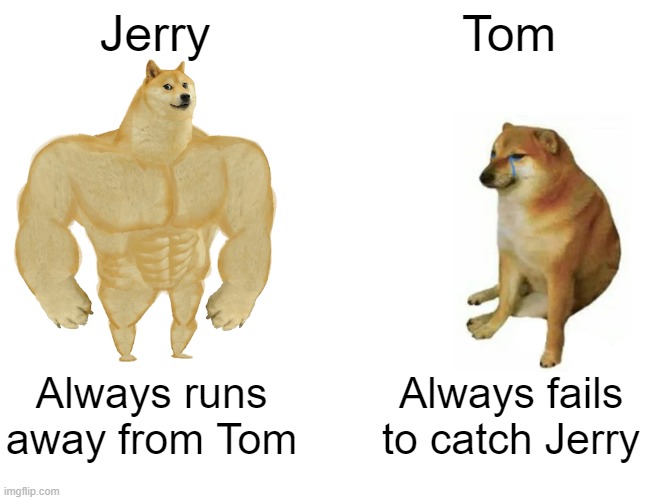 A normal Tom and Jerry meme | Jerry; Tom; Always runs away from Tom; Always fails to catch Jerry | image tagged in memes,buff doge vs cheems,tom and jerry meme | made w/ Imgflip meme maker